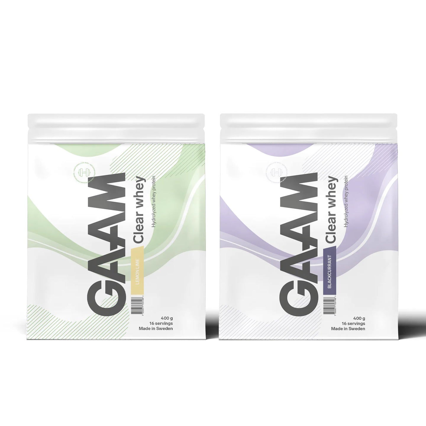 2 x GAAM Clear Whey 400 g proteinpulver i två vita påsar med gröna och lila detaljer.