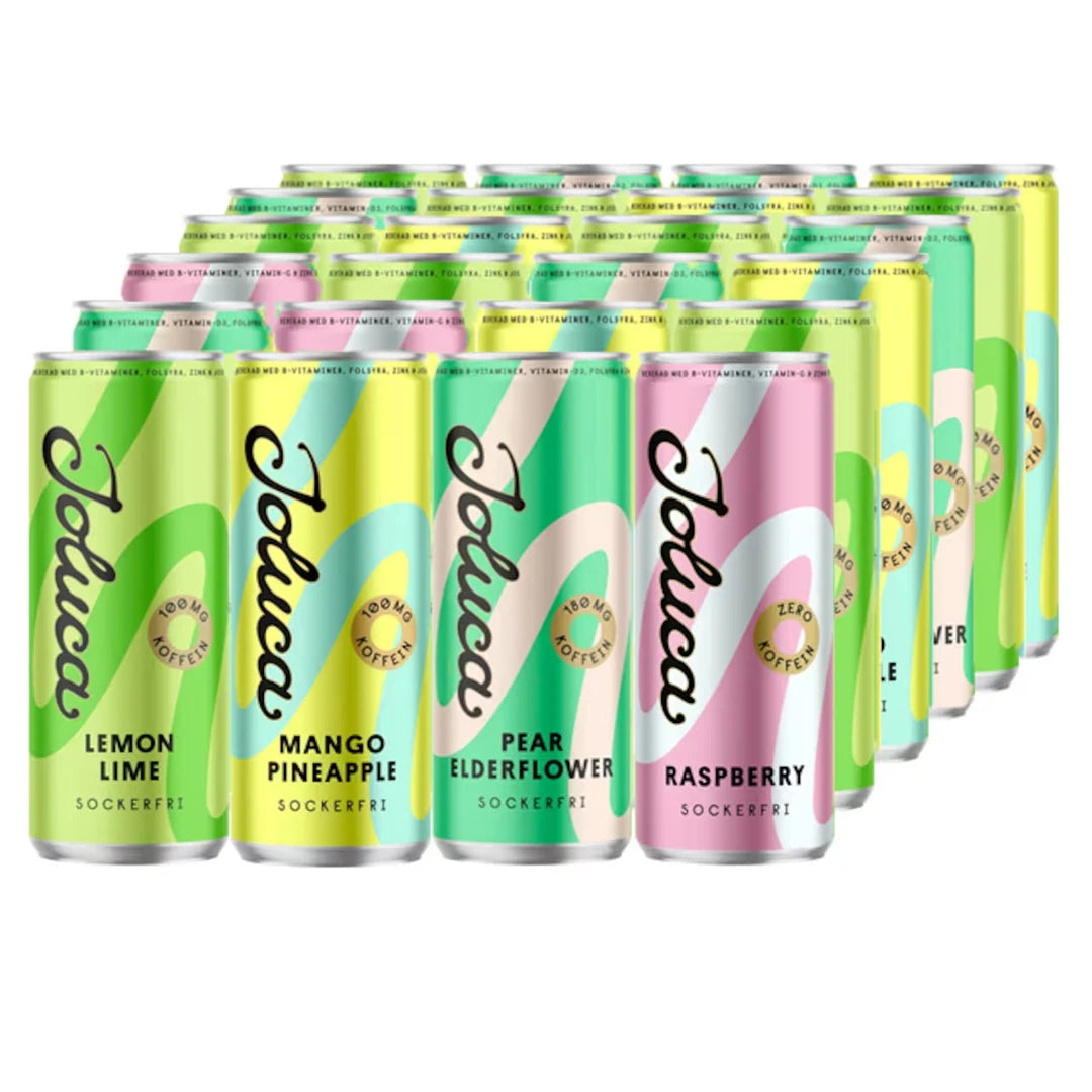 24 x Joluca Energidryck 330 ml Mixflak med energidrycksburkar i färgglada pastellmönster för olika smaker.