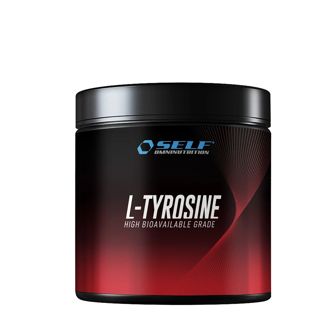 Self Omninutrition L-Tyrosine 200 g aminosyra i en svart och röd burk med vit text.
