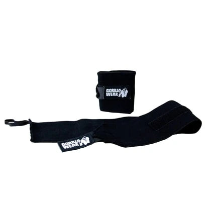 Gorilla Wear Wrist Wrap Basic är svarta handledslindor i elastan med vit logotyp för stöd vid träning.