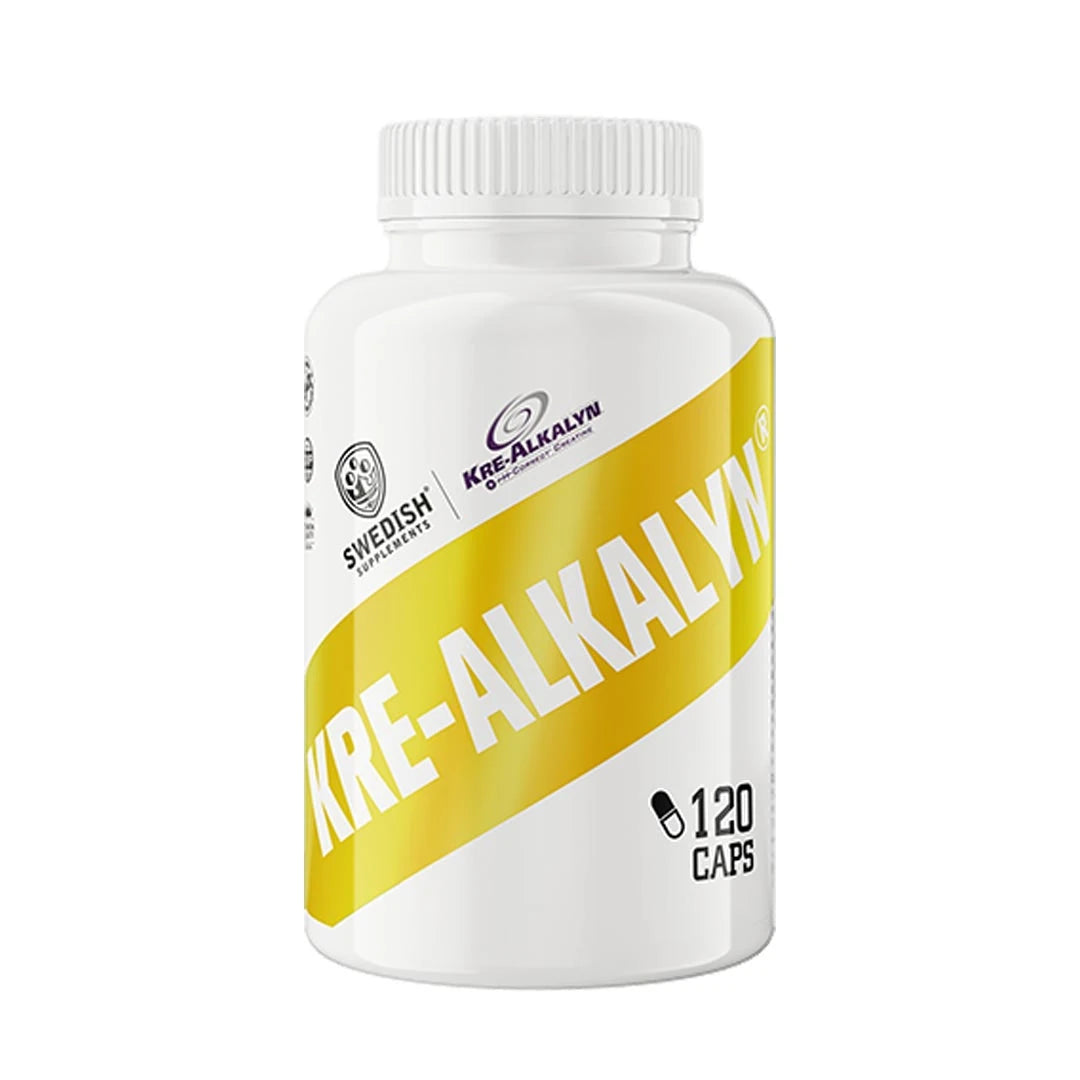 Swedish Supplements Kre-Alkalyn 120 caps kreatin i en vit burk med gula grafiska detaljer.