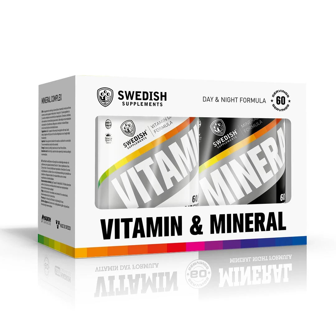 Swedish Supplements Vitamin & Mineral Complex i en vit förpackning med fönster som visar en vit och en svart burk.