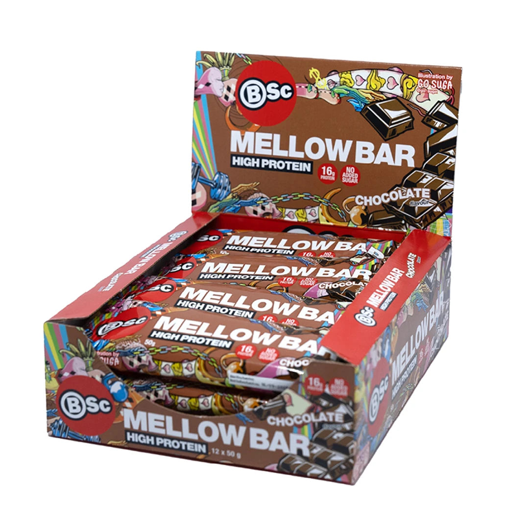 12 x BSc Mellow Bar 50 g Chocolate proteinbars i en färgglad displaylåda med chokladsmak.