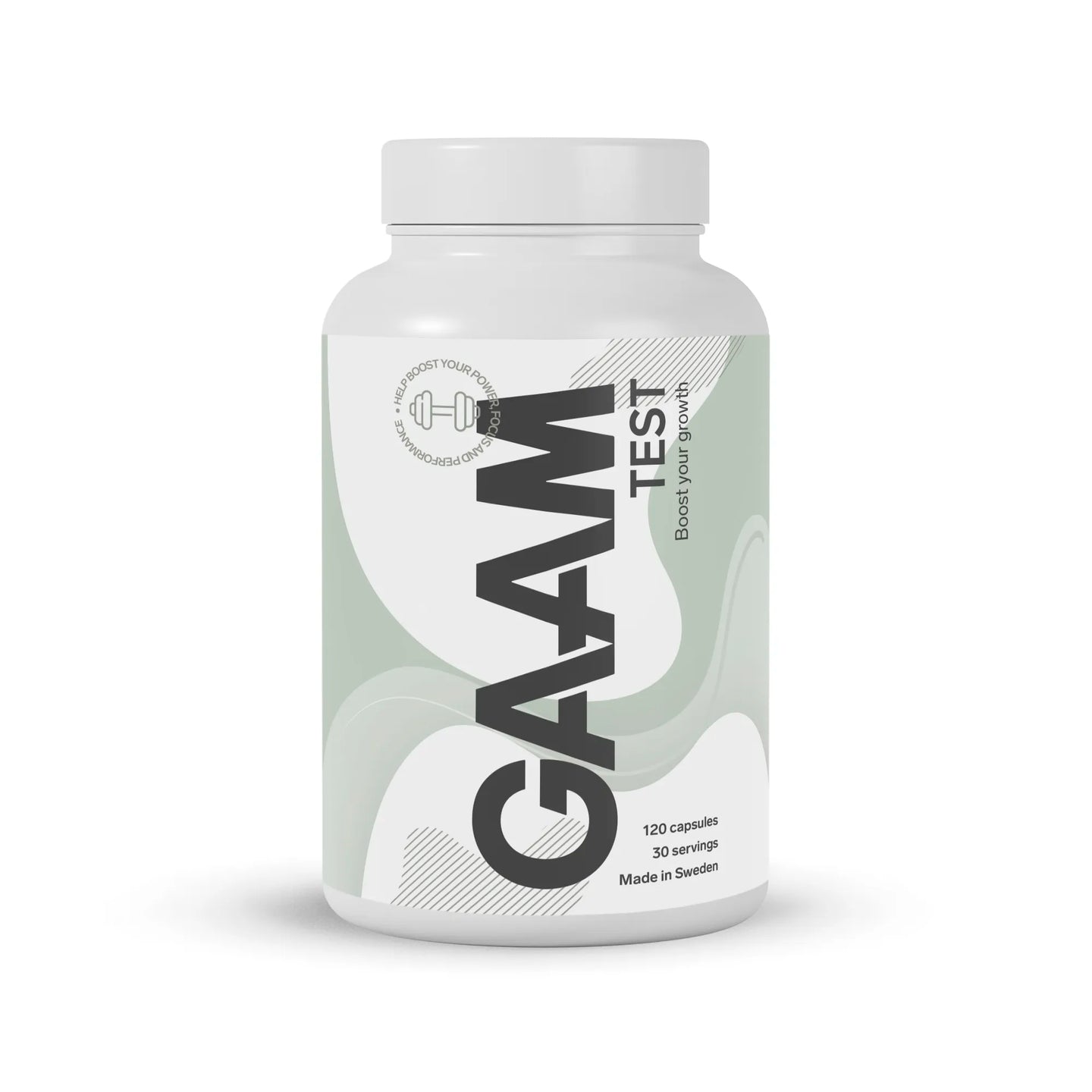 GAAM TEST 120 caps testosteronhöjare i en vit plastburk med ljusgröna grafiska detaljer.