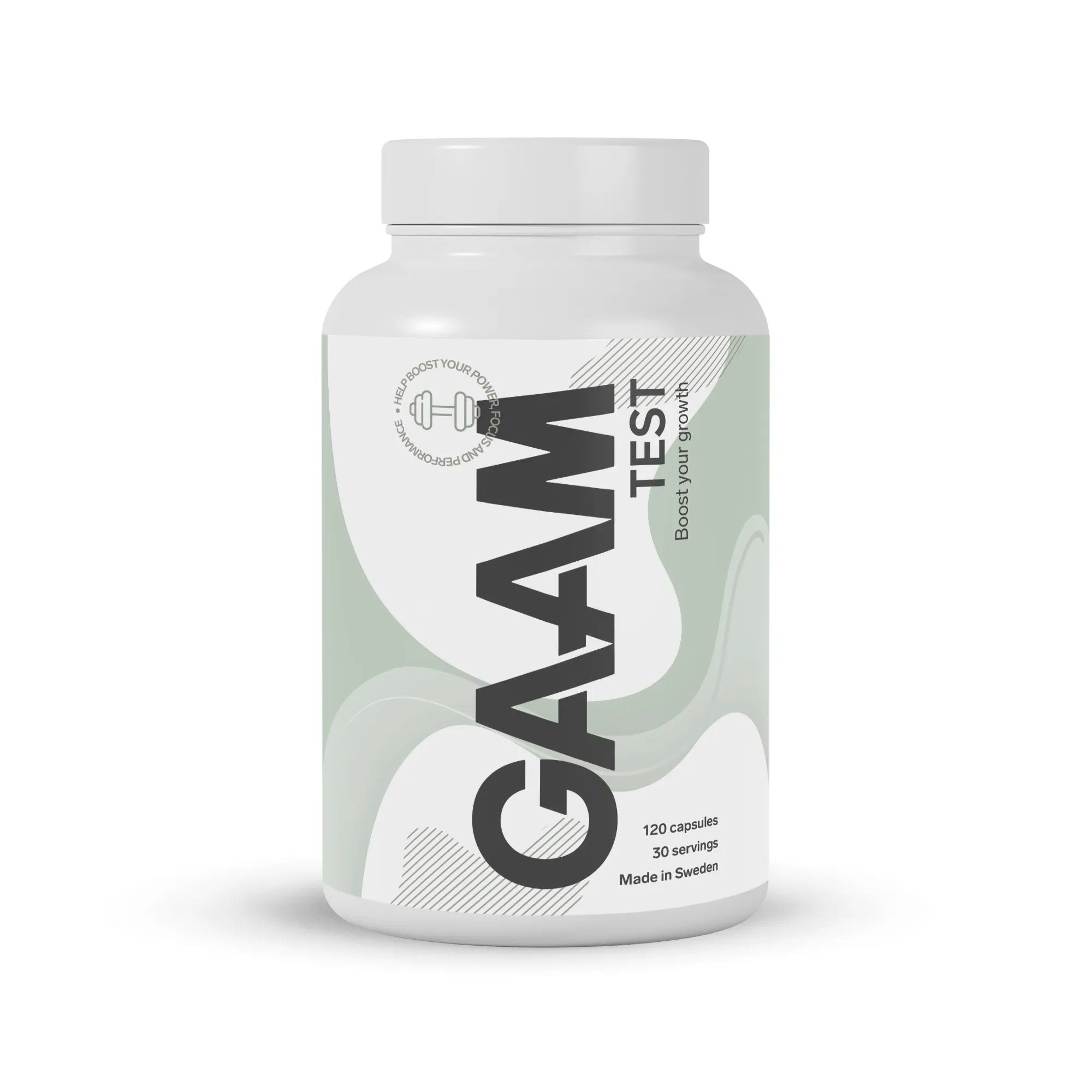 GAAM TEST 120 caps testosteronhöjare i en vit plastburk med ljusgröna grafiska detaljer.