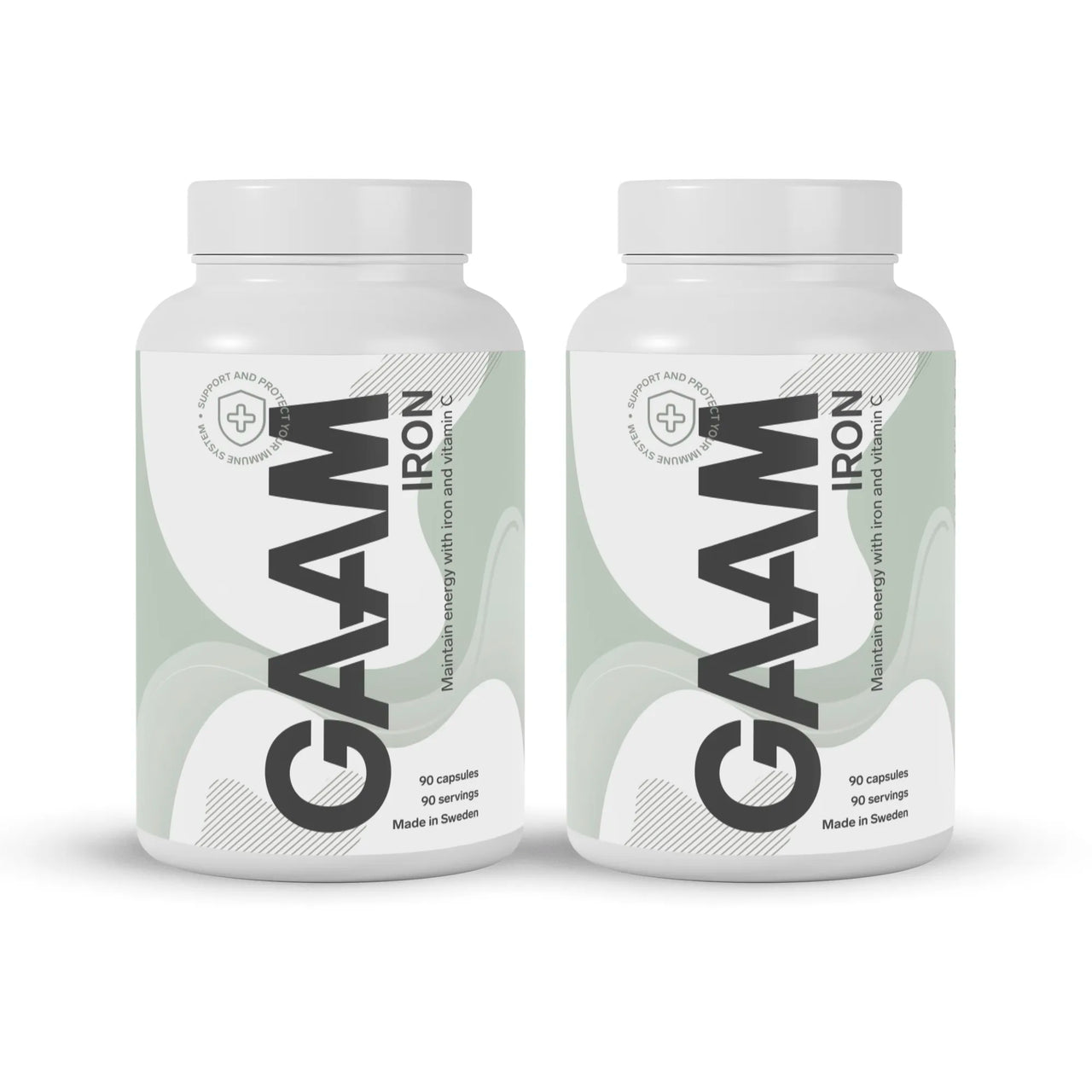 2 x GAAM Iron 90 caps i vita burkar med gröna detaljer och svart text.