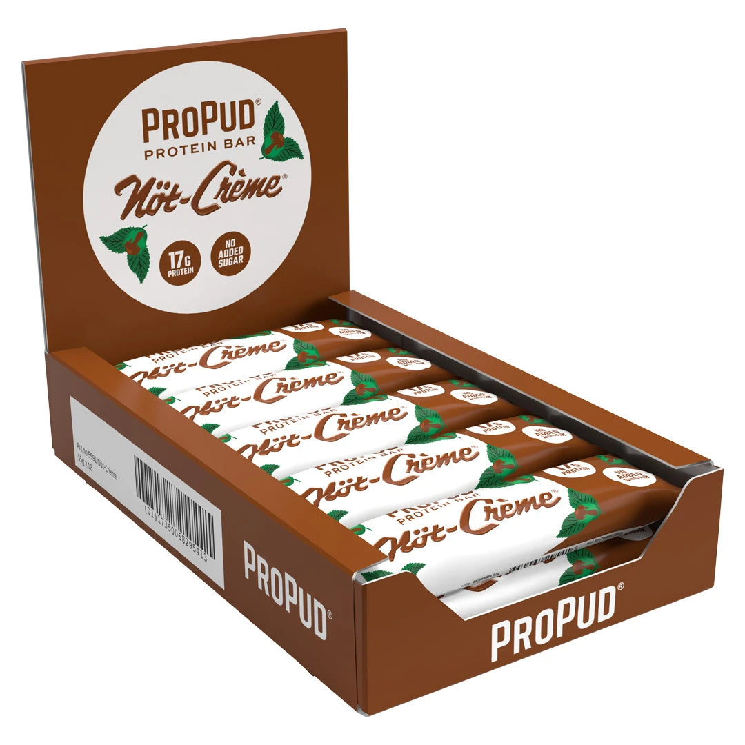 12 x NJIE Propud Proteinbar 55 g Nöt-Creme i en brun displaylåda innehållande matchande proteinbars med vita och bruna detaljer.