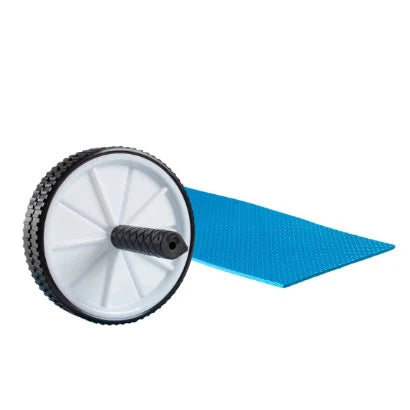 Virtufit Ab Wheel + Mat, magträningshjul i vitt och svart med texturerade handtag, samt en medföljande blå knämatta.