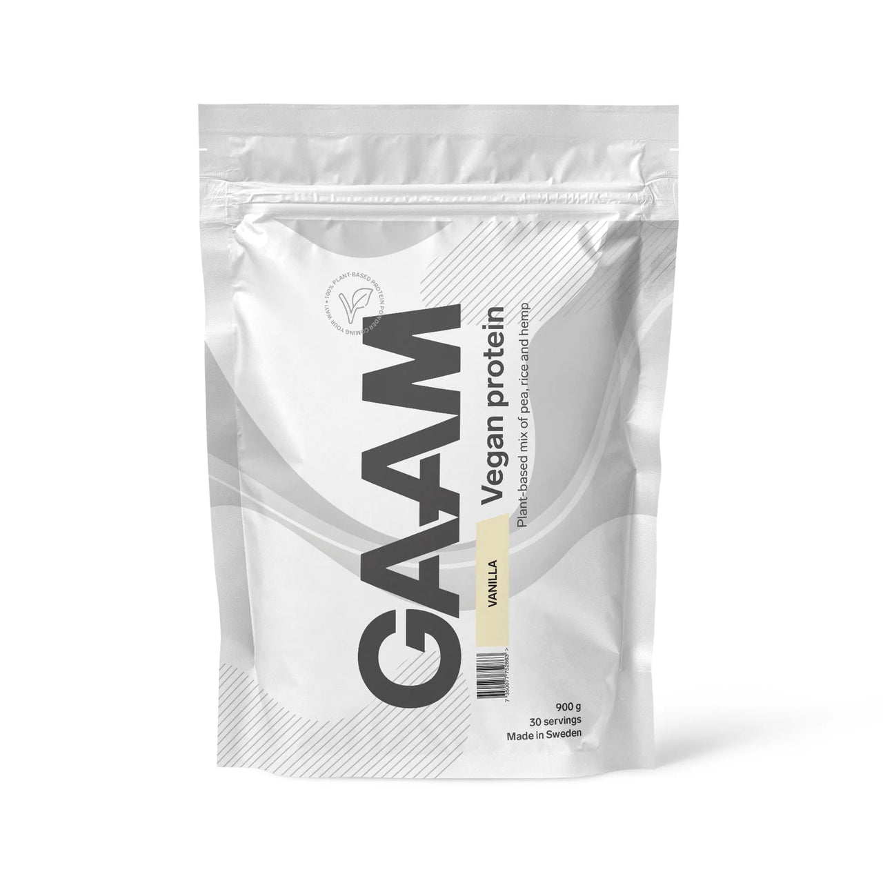 GAAM Vegan Protein 900 g proteinpulver i en vit påse med ljusgula detaljer för smaken Vanilla.