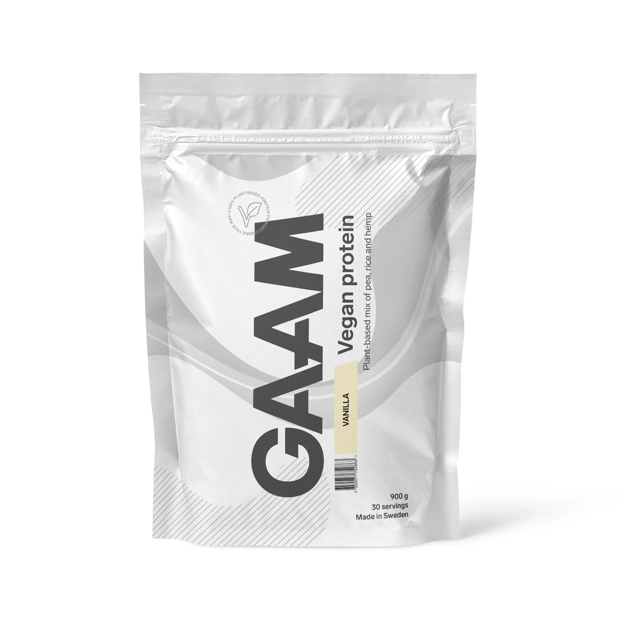 GAAM Vegan Protein 900 g proteinpulver i en vit påse med ljusgula detaljer för smaken Vanilla., bild 2 av 4