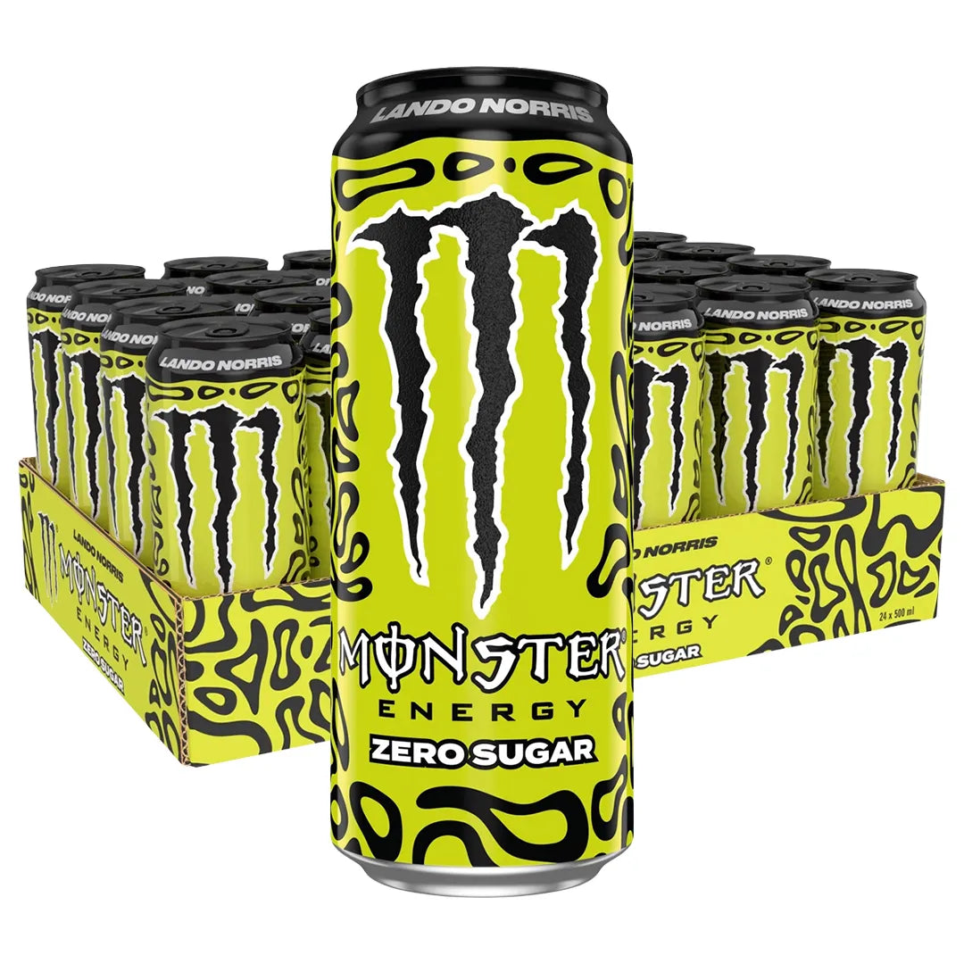 24 x Monster Energy 500 ml Lando Norris Zero Sugar i en gul kartong fylld med svartmönstrade burkar.