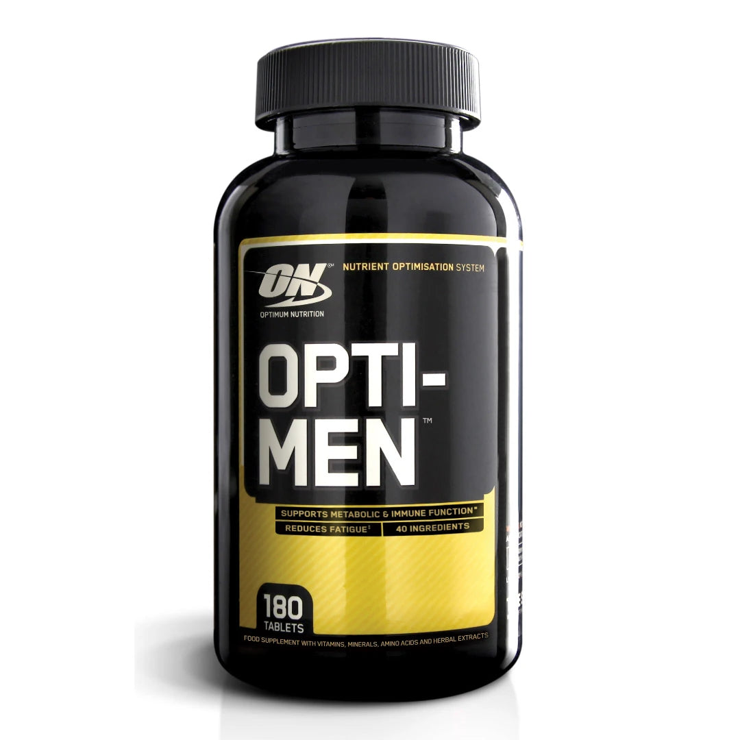 Optimum Nutrition Opti-Men 180 tabs multivitamin, svart burk med gul etikett och vit text.