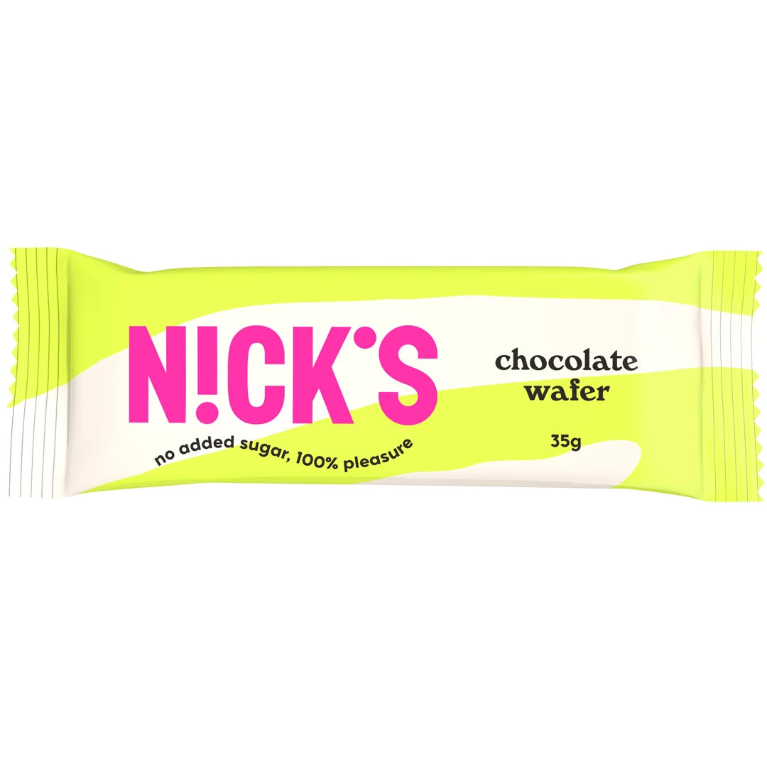 Nicks Chocolate Wafer 35 g i en ljusgrön och vit förpackning med stor rosa logotyp.