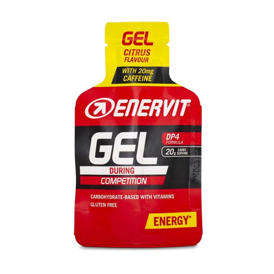 Enervit Sport Gel 25 ml energigel i en röd och gul portionsförpackning för smaken Citrus.