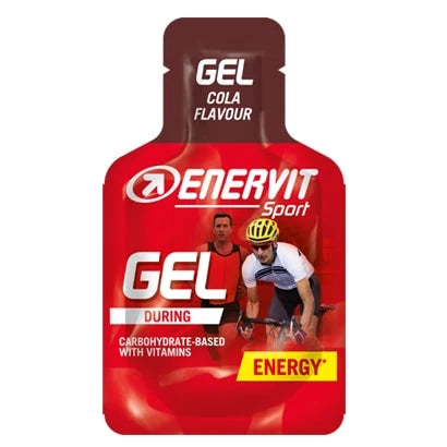 Enervit Sport Gel 25 ml energigel i en röd och brun portionsförpackning för smaken Cola.