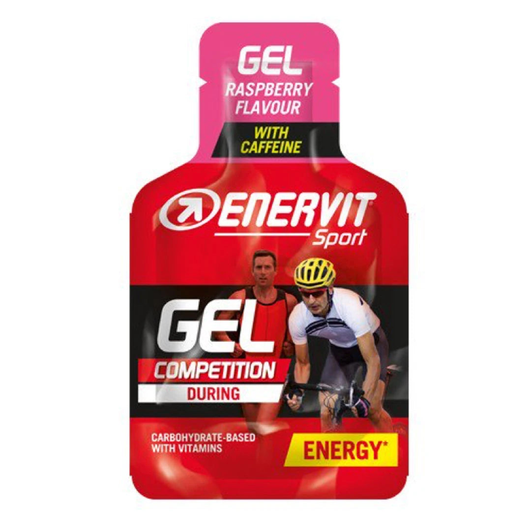 Enervit Sport Gel 25 ml energigel i en röd portionspåse med rosa detaljer för smaken hallon., bild 3 av 3