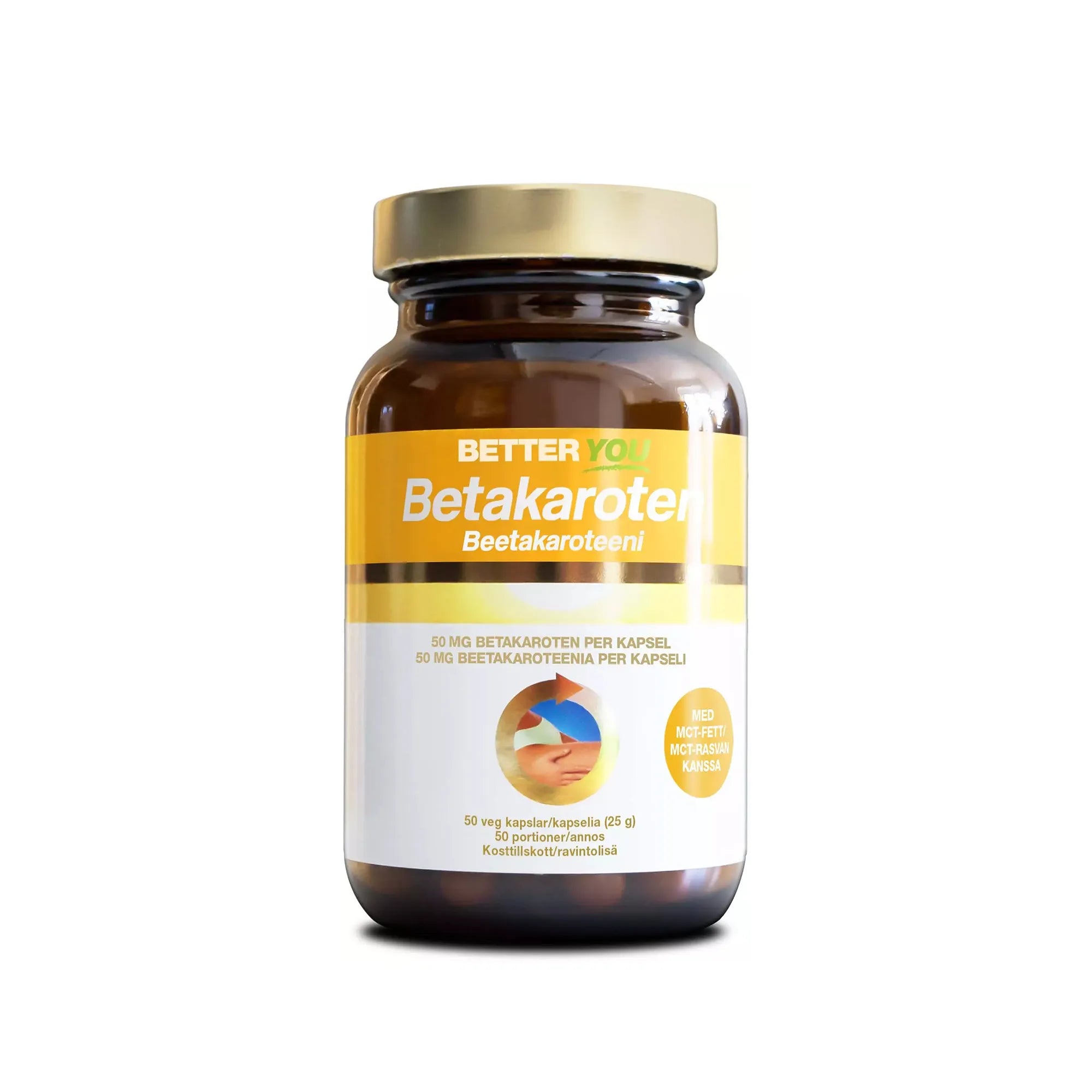 Better You Betakaroten 50 mg 50 caps i en brun burk med guldlock och gulvit etikett.