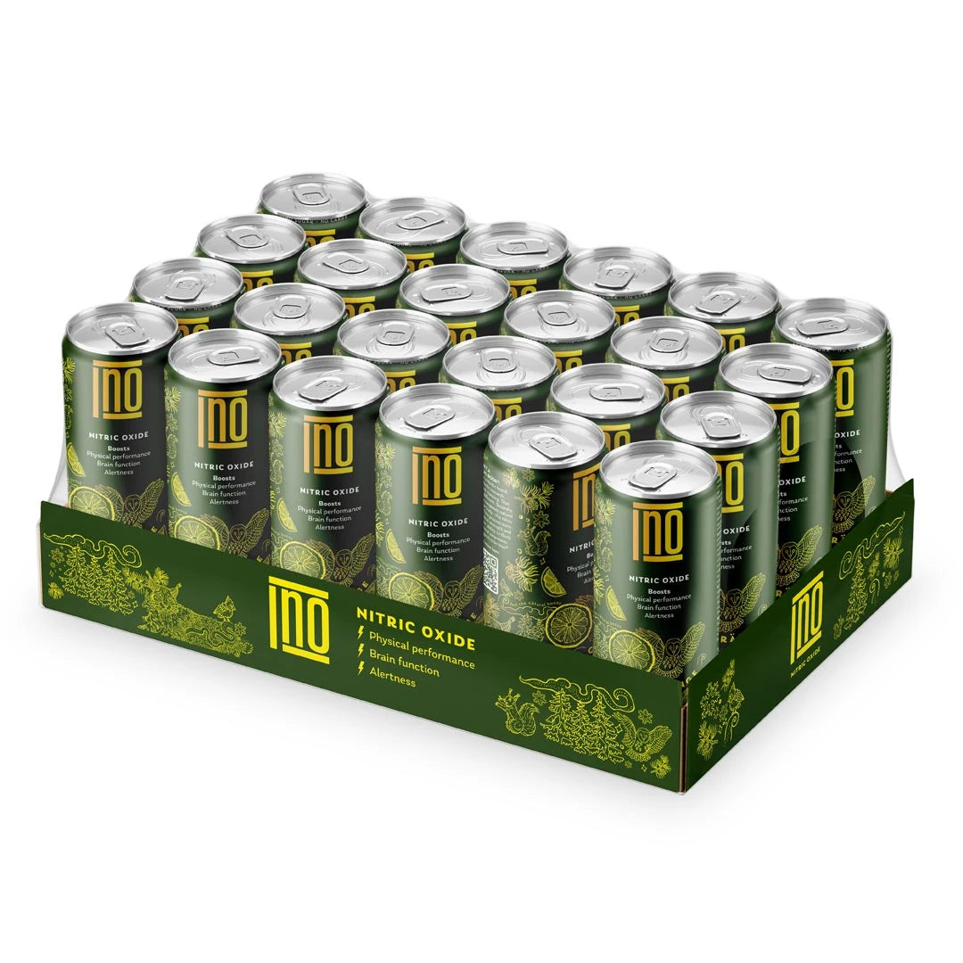 24 x INO Nitric Oxide Drink 330 ml i ett mörkgrönt flak med matchande burkar och gula detaljer för smaken Orange.