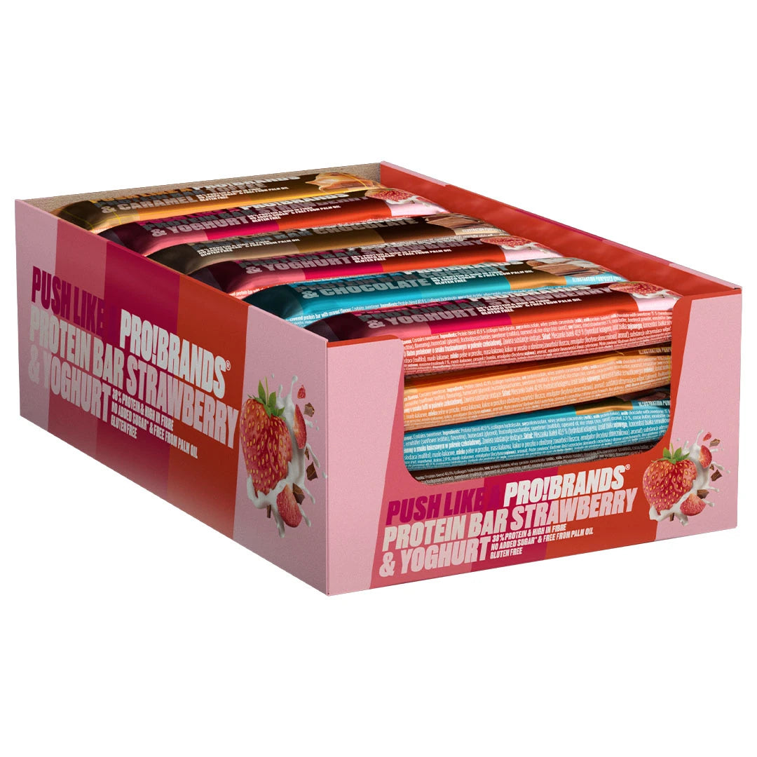 24 x Pro Brands Proteinbar 45 g Mixpack i en rosa displaylåda fylld med proteinbars i olika smaker., bild 1 av 1