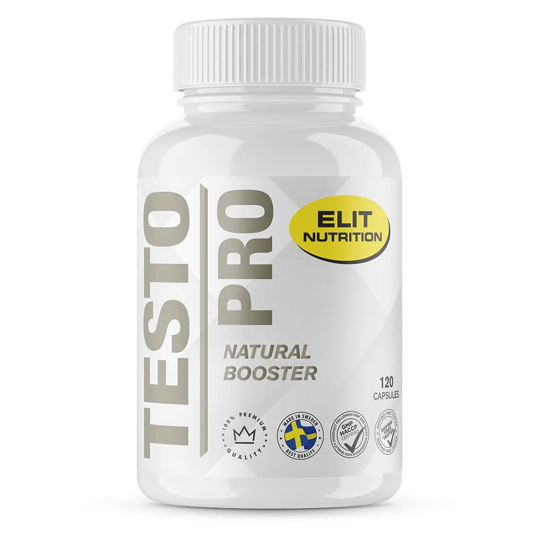 Elit Nutrition Testo PRO 120 caps kosttillskott i en vit plastburk med silvergrå text och gula detaljer.