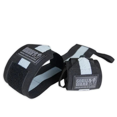 Gorilla Wear Wrist Wraps Ultra, svarta och gråa handledslindor med tumögla och logotyp för maximalt stöd vid träning.