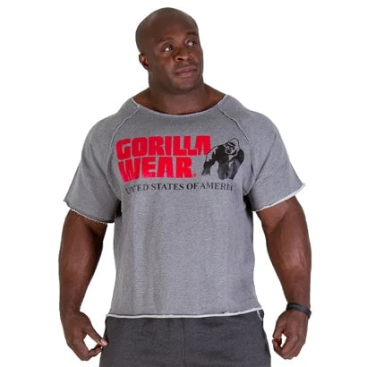 Gorilla Wear Classic Workout Top Grey, en rymlig grå träningst-shirt i old school-stil med rött logotyptryck.