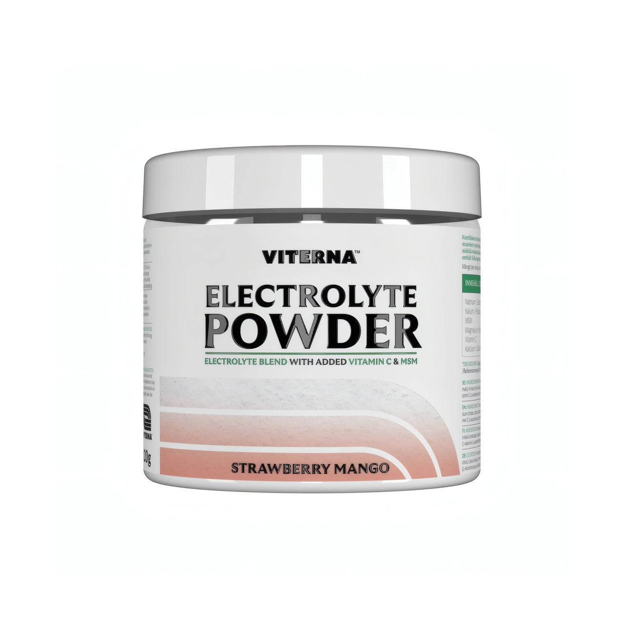 Viterna Electrolyte Powder 120 g elektrolytpulver i en vit burk med rosa detaljer för smaken Strawberry Mango.