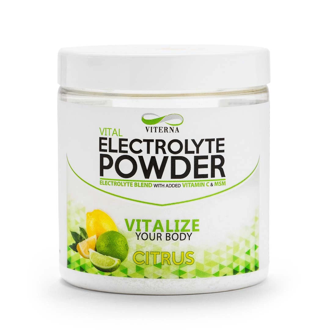 Viterna Electrolyte Powder 120 g elektrolytpulver i en vit burk med gröna detaljer för smaken Citrus.