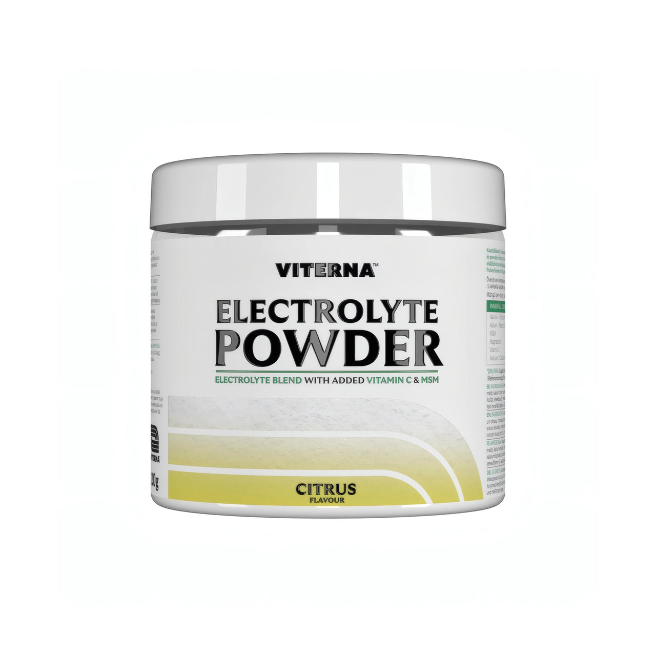 Viterna Electrolyte Powder 120 g elektrolytpulver i en vit burk med gula detaljer och smaken Citrus.