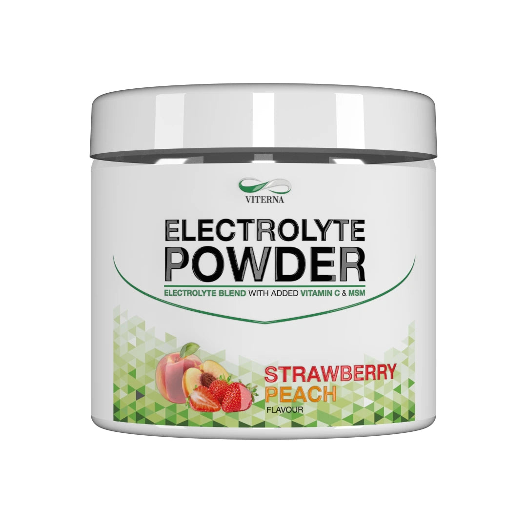 Viterna Electrolyte Powder 120 g elektrolytpulver i en vit burk med gröna detaljer för smaken Strawberry Peach., bild 3 av 3
