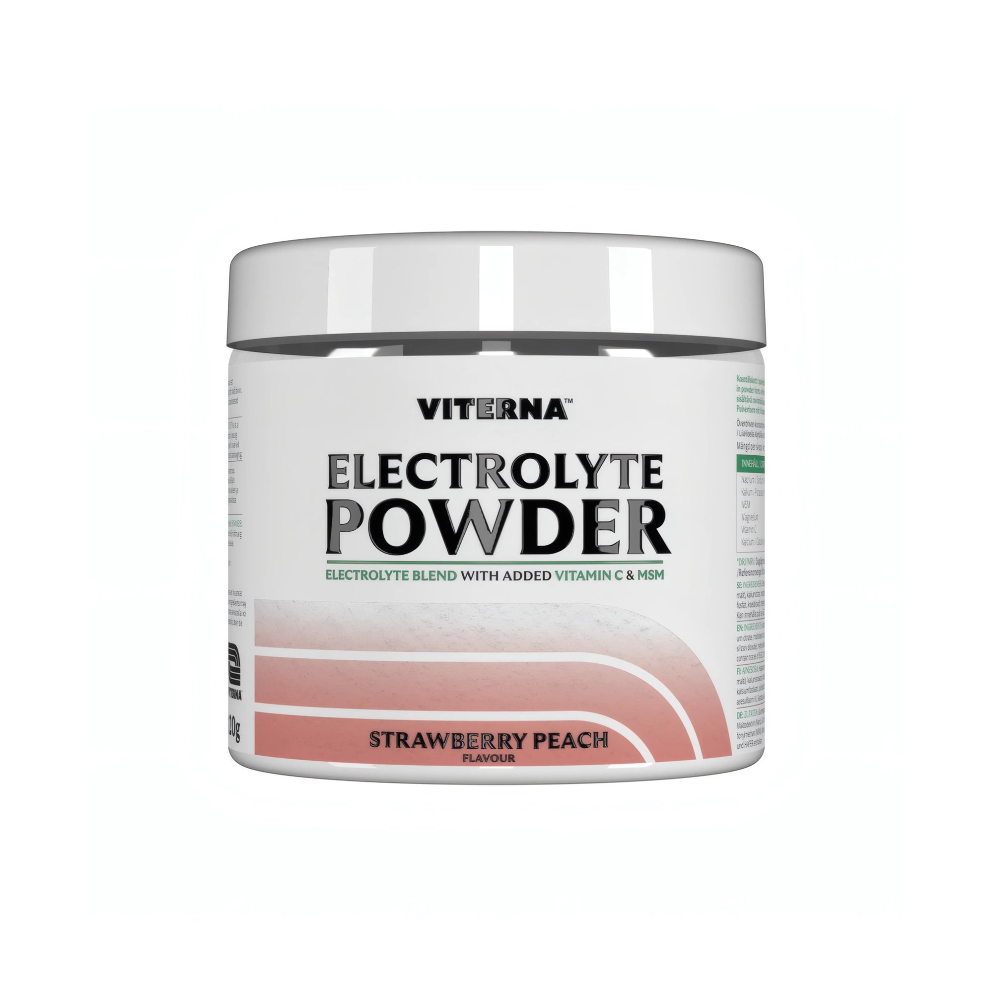 Viterna Electrolyte Powder 120 g elektrolytpulver i en vit burk med rosa detaljer för smaken Strawberry Peach., bild 3 av 7