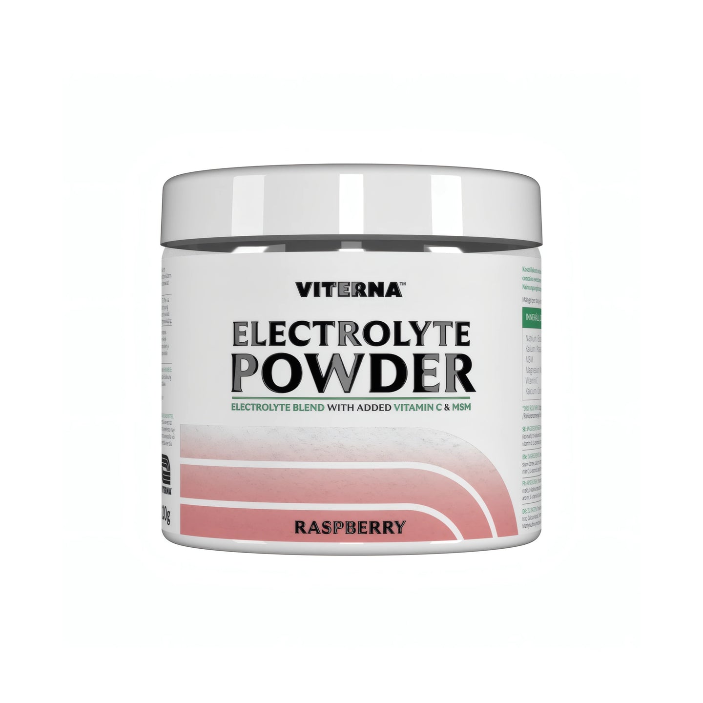Viterna Electrolyte Powder 120 g elektrolytpulver i en vit burk med rosa detaljer för smaken Raspberry., bild 4 av 7