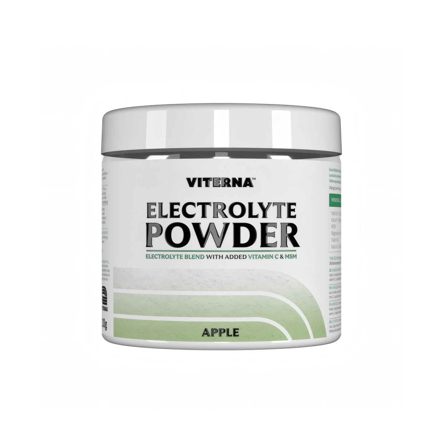 Viterna Electrolyte Powder 120 g elektrolytpulver i en vit burk med gröna detaljer för smaken Apple., bild 5 av 7