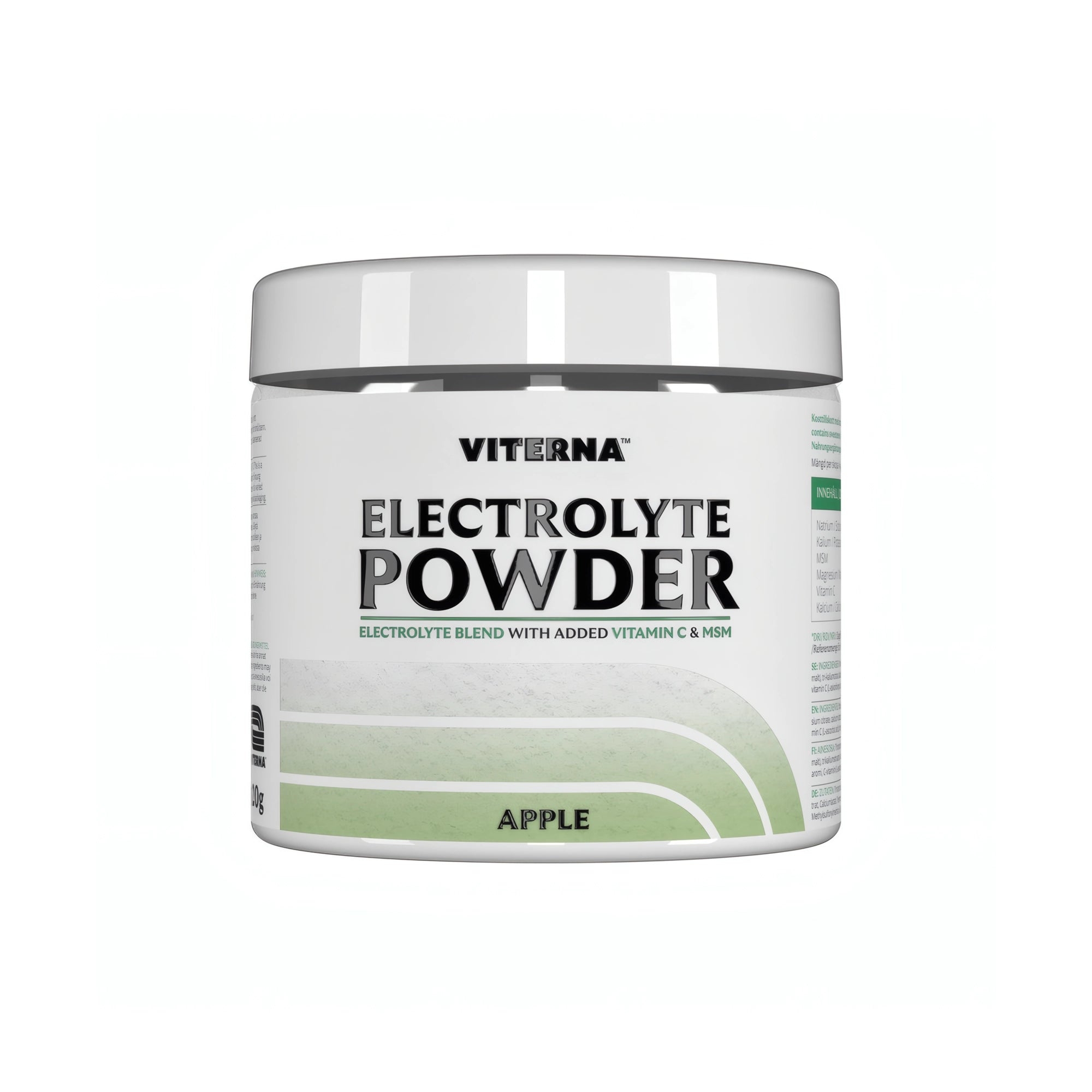 Viterna Electrolyte Powder 120 g elektrolytpulver i en vit burk med gröna detaljer för smaken Apple., bild 5 av 7