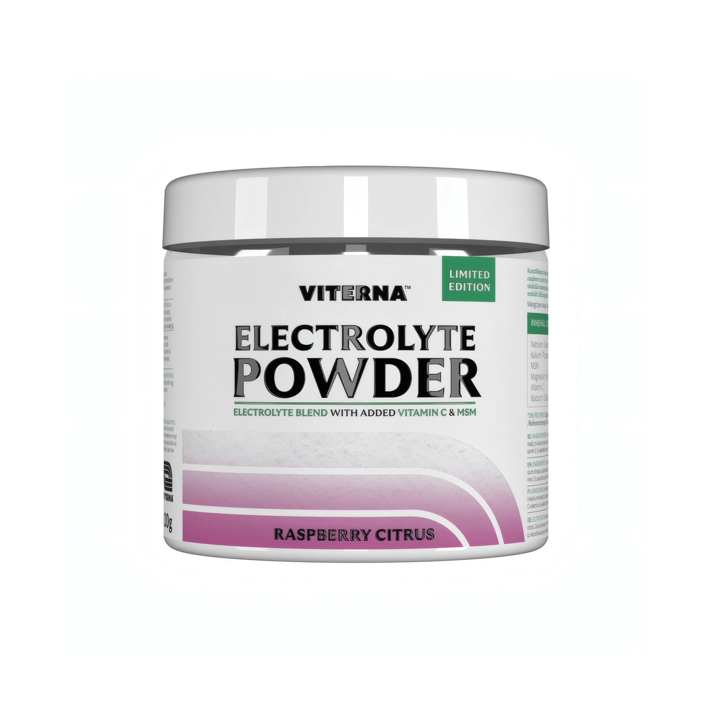 Viterna Electrolyte Powder 120 g elektrolytpulver i en vit burk med rosa och lila detaljer för smaken Raspberry Citrus., bild 6 av 7