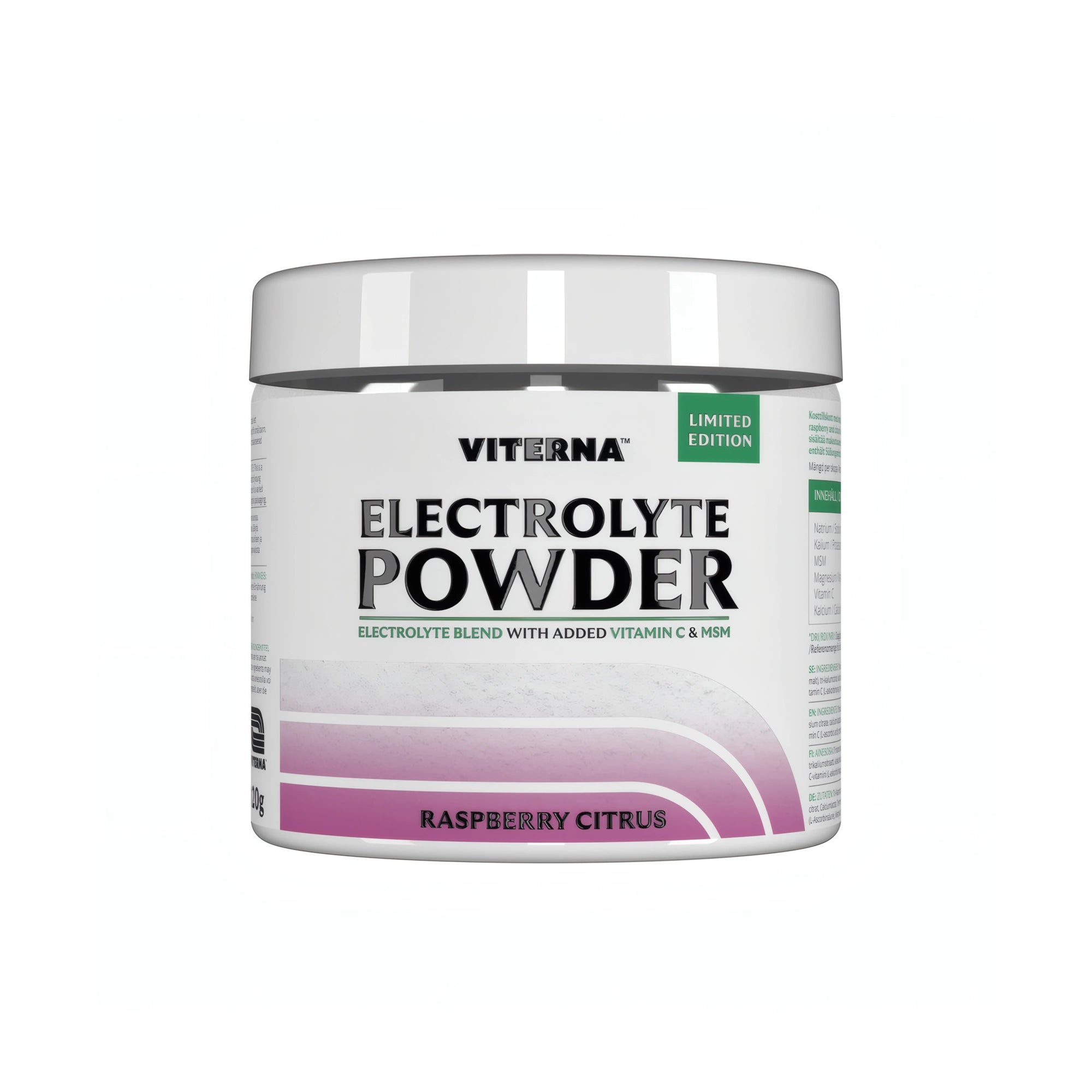 Viterna Electrolyte Powder 120 g elektrolytpulver i en vit burk med rosa och lila detaljer för smaken Raspberry Citrus., bild 6 av 7