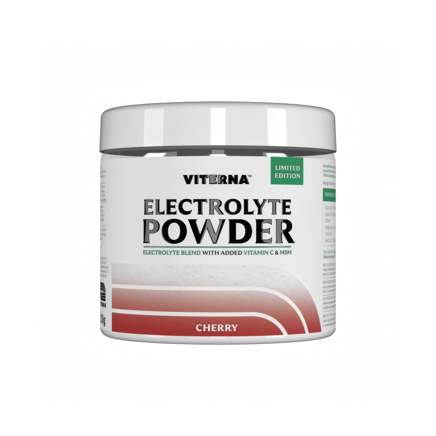 Viterna Electrolyte Powder 120 g elektrolytpulver i en vit burk med röda detaljer för smaken Cherry., bild 7 av 7