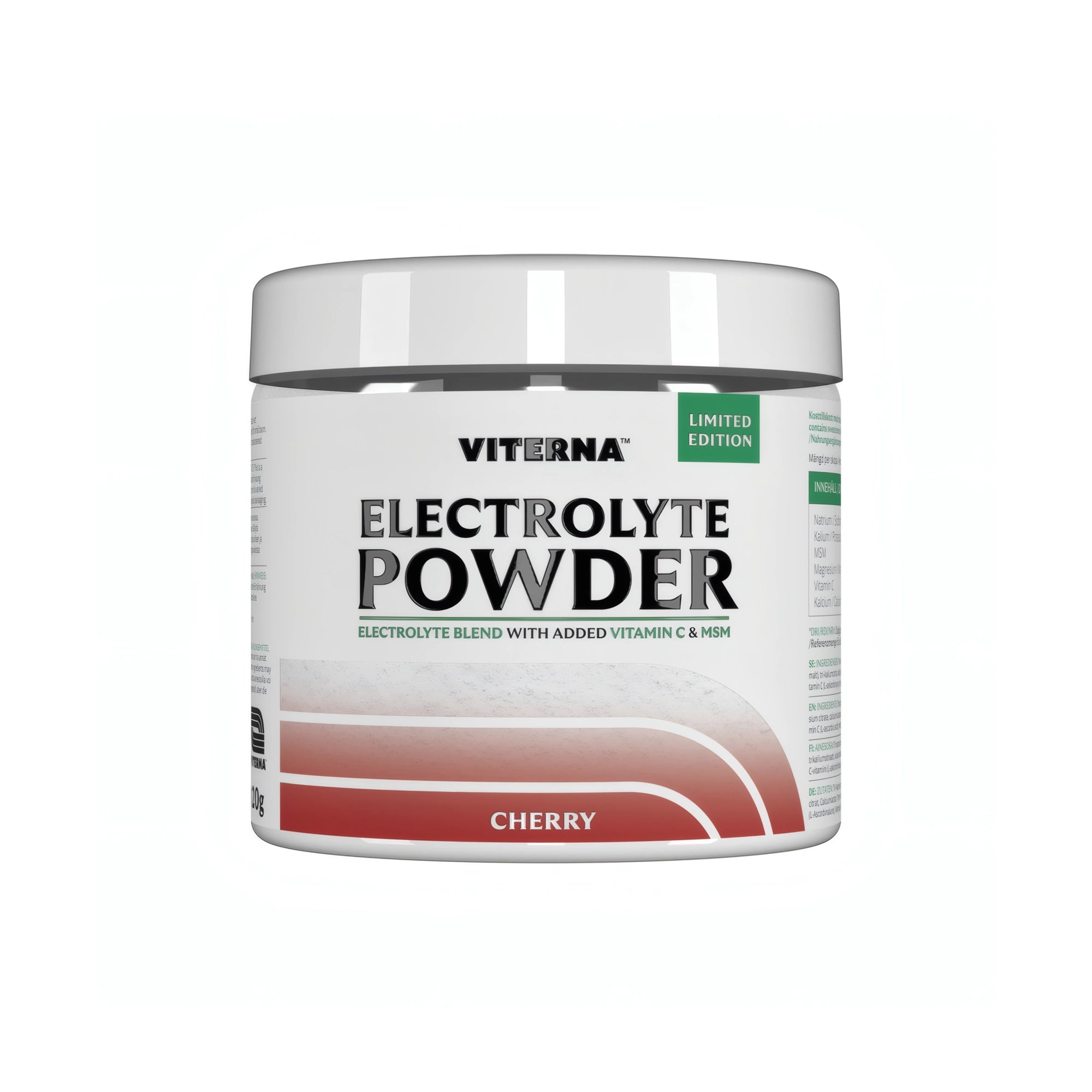 Viterna Electrolyte Powder 120 g elektrolytpulver i en vit burk med röda detaljer för smaken Cherry., bild 7 av 7