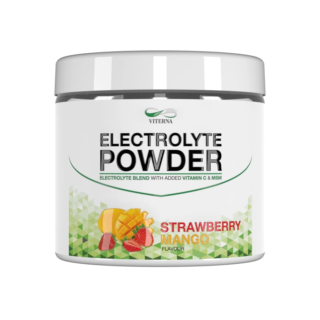 Viterna Electrolyte Powder 120 g i en vit burk med grön grafik, med smak av Strawberry Mango och illustrationer av frukt.