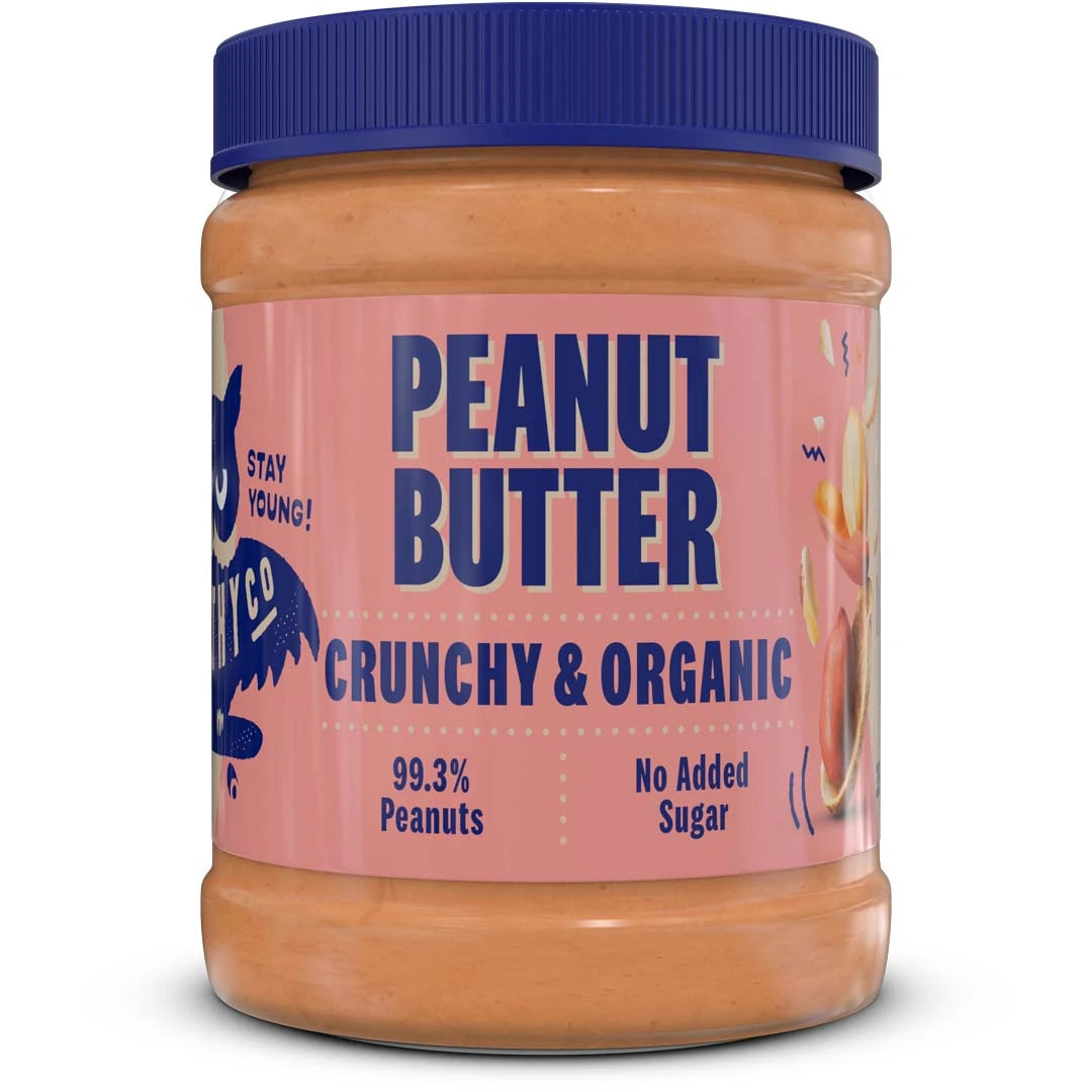 HealthyCo ECO Peanutbutter 350 g i en burk med mörkblått lock och rosa etikett med blå text.