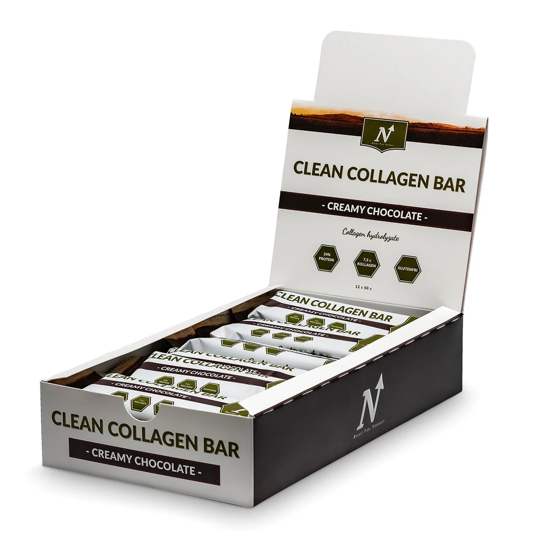 12 x Nyttoteket Clean Collagen Bar 50 g Creamy Chocolate i en vit och brun låda fylld med matchande bars., bild 1 av 1