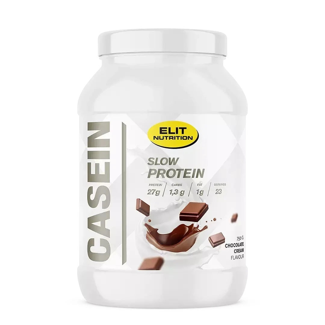 Elit Nutrition Casein 750 g kaseinprotein i vit burk med chokladbitar på etiketten, smak Chocolate Cream.
