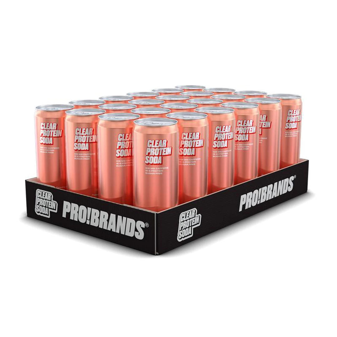 24 x Pro Brands Clear Protein Soda 330 ml Mixflak i ett svart flak med matchande roséfärgade burkar.