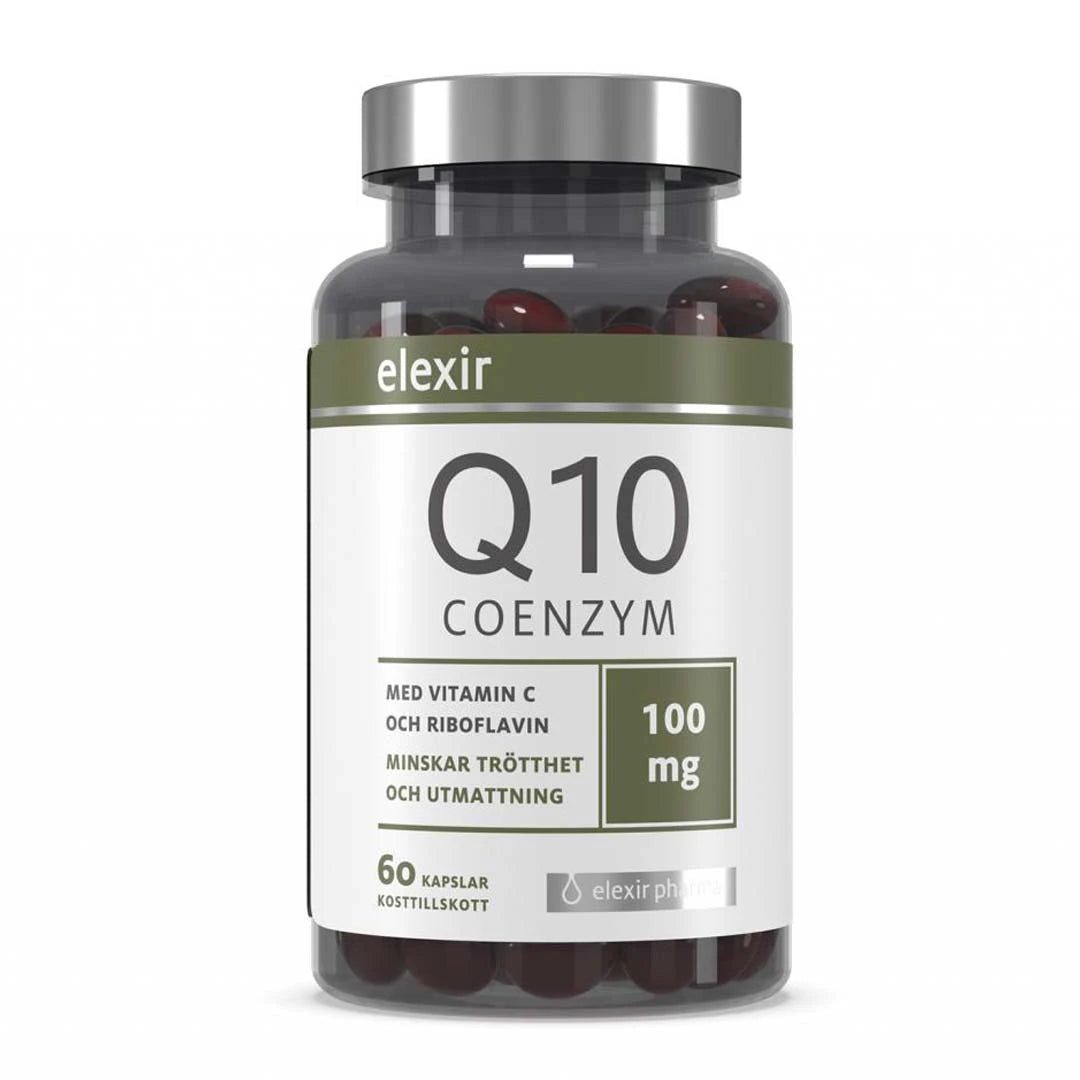 Elexir Pharma Coenzyme Q10 100 mg 60 caps i en transparent burk med mörkgröna kapslar, silverlock och vit etikett med gröna detaljer.