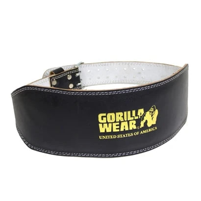 Gorilla Wear Full Leather Padded Belt, ett svart träningsbälte i äkta läder med guldfärgad logga.