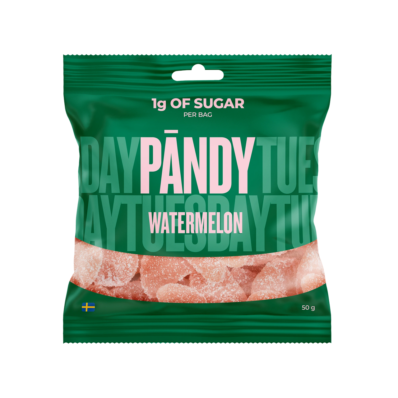 Pändy Candy 50 g Watermelon gelégodis i en grön påse med rosa detaljer.