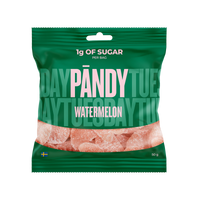 Pändy Candy 50 g Watermelon gelégodis i en grön påse med rosa detaljer.