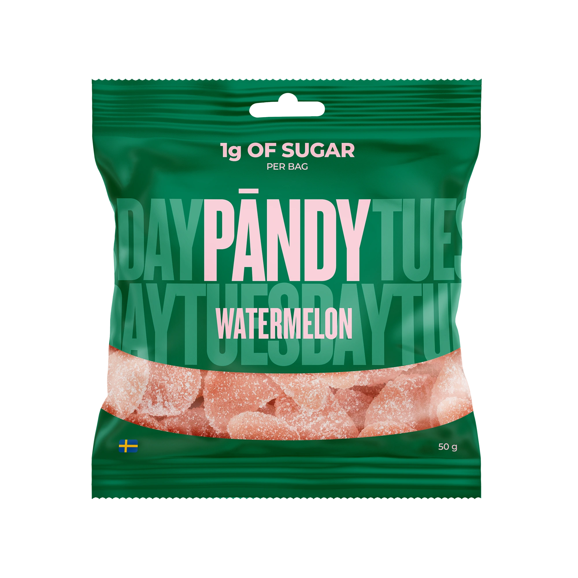 Pändy Candy 50 g Watermelon gelégodis i en grön påse med rosa detaljer., bild 1 av 1
