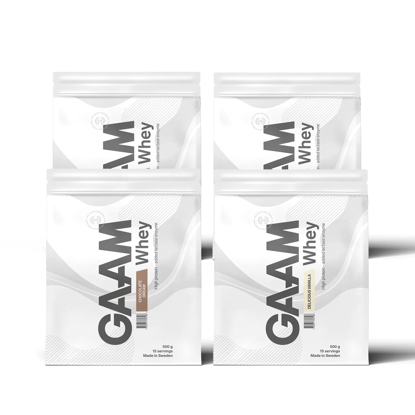 4 x GAAM Whey Proteinpulver 500 g i fyra vita påsar med grå text för smakerna Chocolate Dream och Delicious Vanilla.