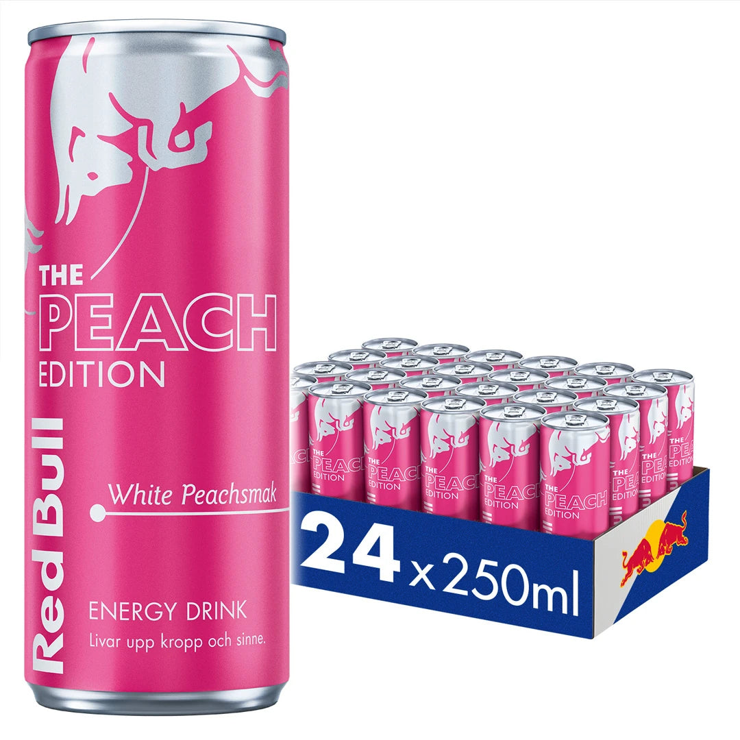 24 x Red Bull 250 ml White Peach i ett flak med rosa burkar och vita detaljer samt märkningen The Peach Edition.